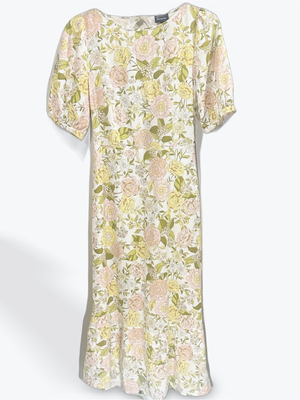 Who What Wear Floral Puff-Sleeve Midi Linen Dress White Pink Pastel Floral Small
